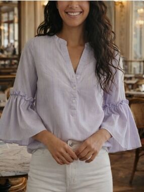 7TH AVENUE STUDIO NY Lavender Pin Stripe Boho Bell Sleeve Peasant Blouse New